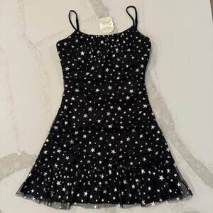 Altar’d State NWT Star Print Mini Dress Women’s Medium Black/Silver Ruched Sides